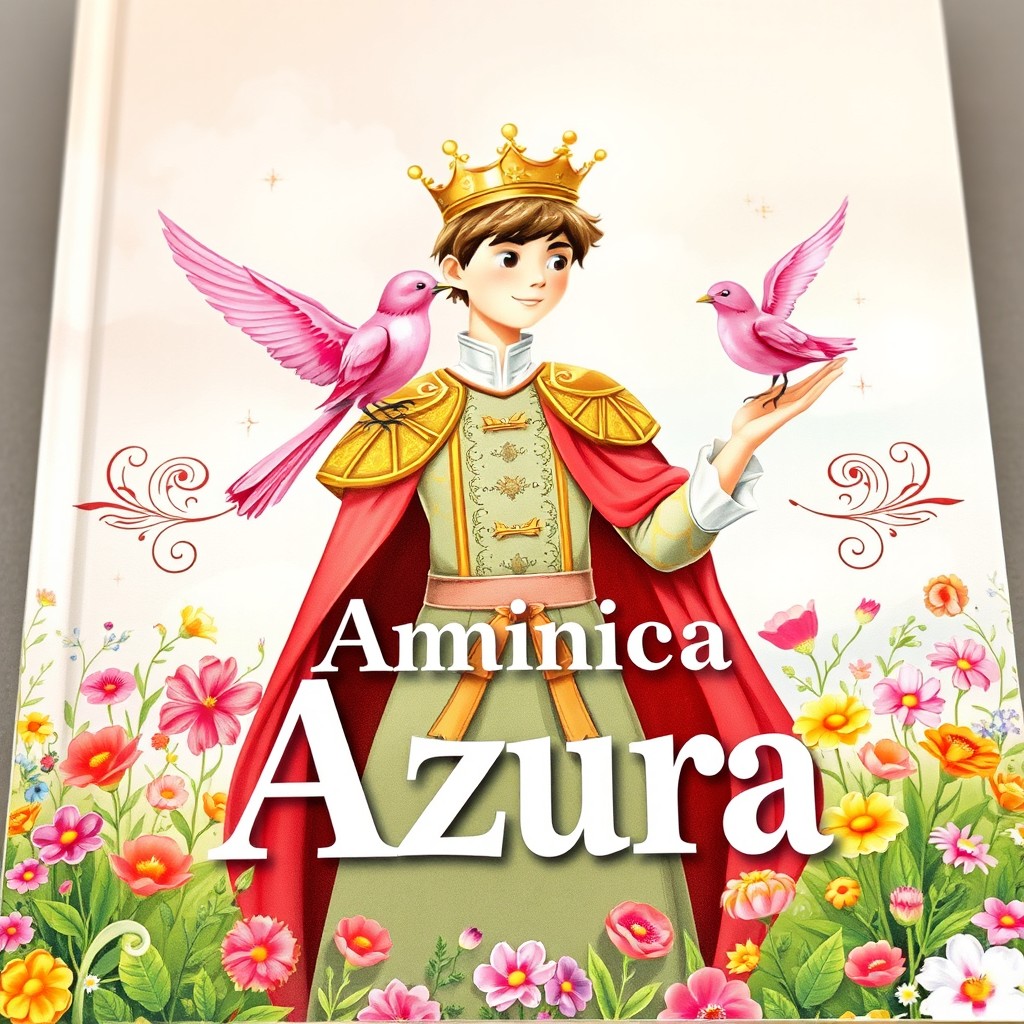 A beautiful book cover depicting a whimsical romance between Prince Daniel and a pink sparrow named Azura