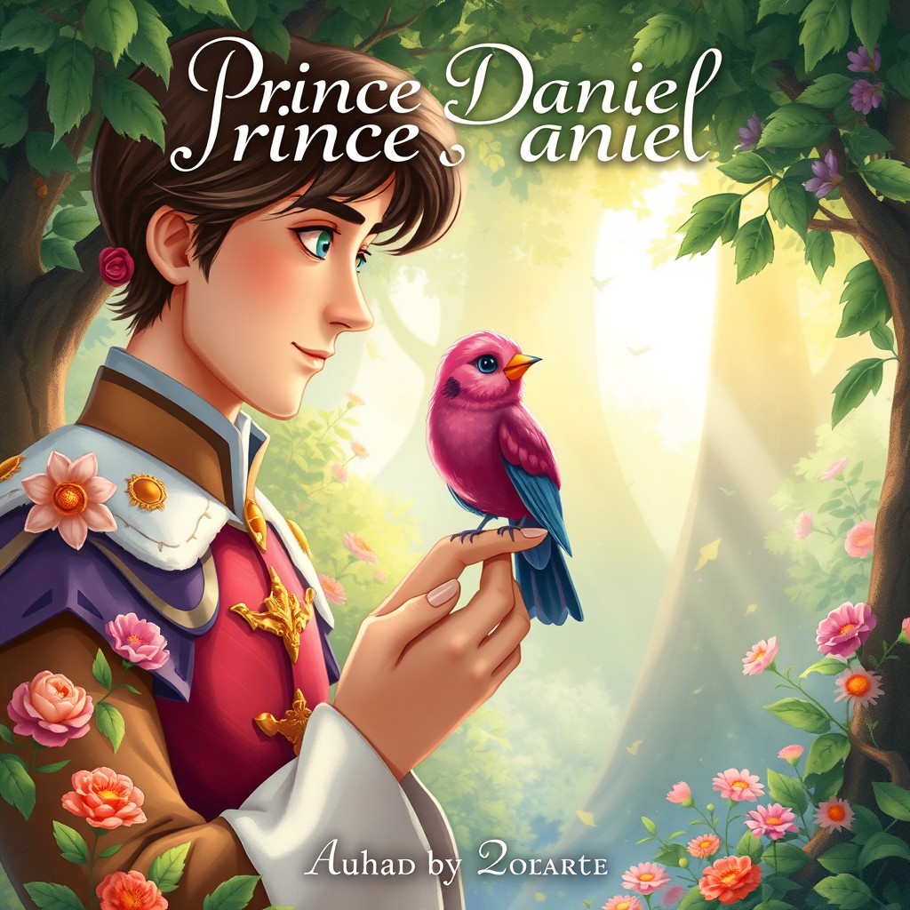 A whimsical book cover illustration featuring Prince Daniel, a charming young man with royal attire, gently holding a small, vibrant pink sparrow named Azura perched on his finger