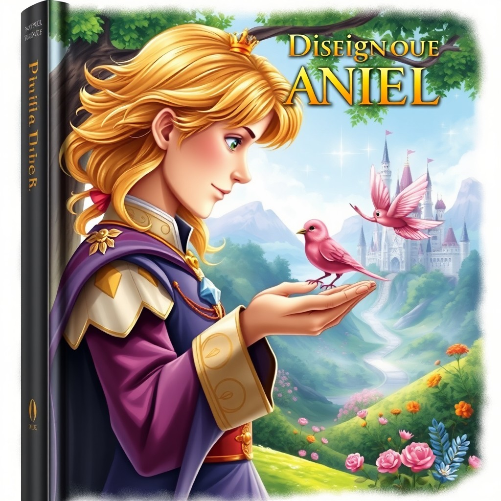 A captivating book cover featuring a picturesque scene of a handsome young prince named Daniel, with flowing golden hair and regal attire, gazing lovingly at a charming pink sparrow named Azura perched delicately on his outstretched hand