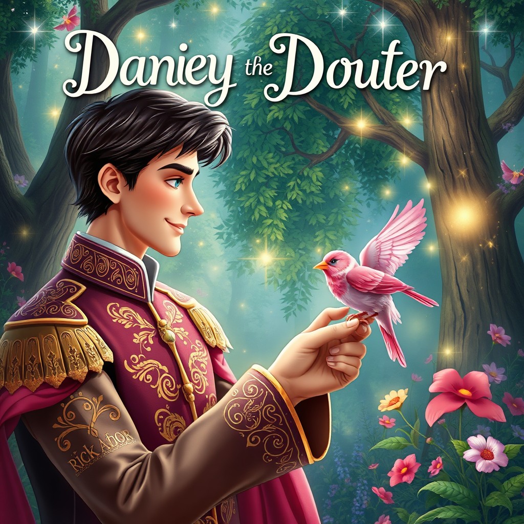 A fantasy book cover depicting a charming scene where a handsome prince named Daniel falls in love with a beautiful pink sparrow named Azura