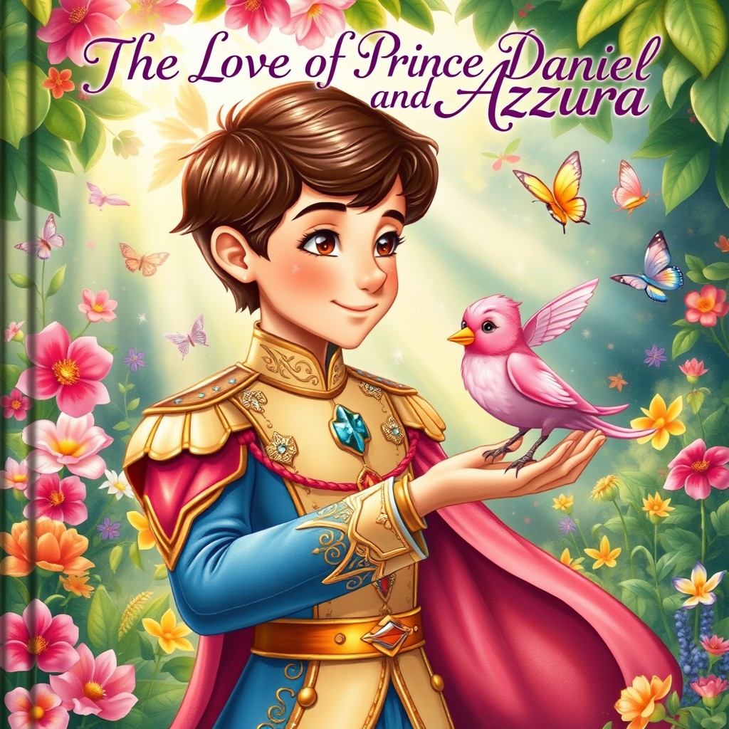 A charming fairytale book cover featuring Prince Daniel, a handsome young prince with a royal outfit adorned with intricate details, standing in a lush, magical garden