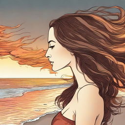 Draw a detailed image of a side-profile woman with brown hair, encapsulated by a beach sunset. Her hair is artistically represented as scintillating flames.