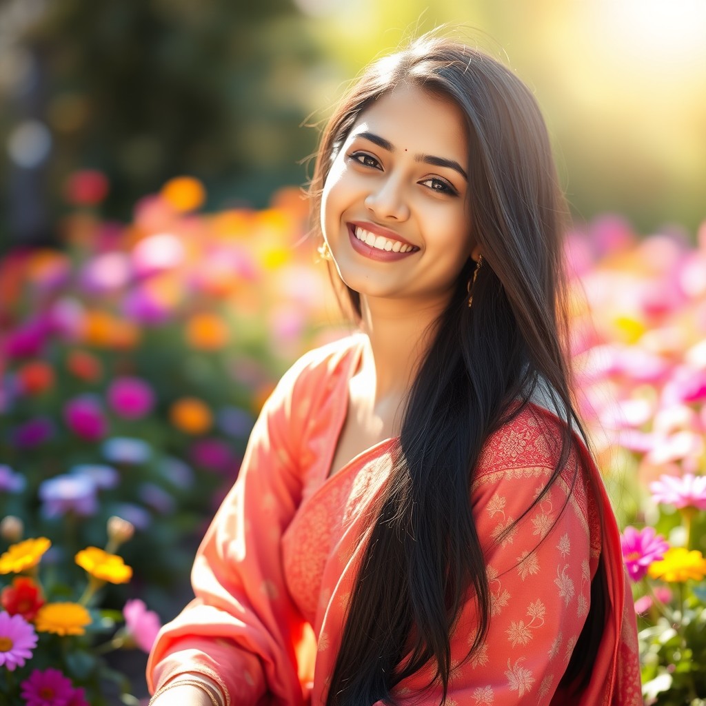 A beautiful South Asian girl with long black hair, wearing traditional ethnic clothing that highlights her beauty, sitting gracefully in a sunlit garden filled with colorful flowers