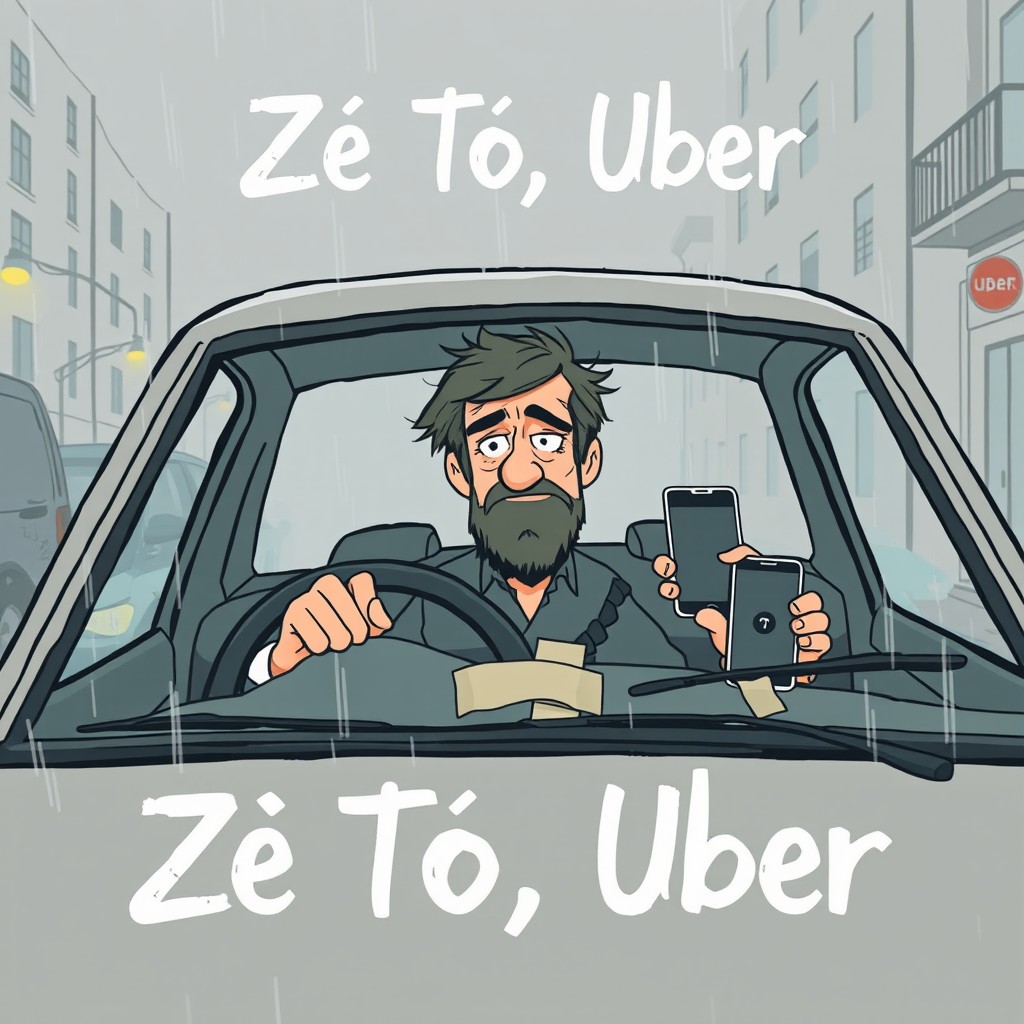 A modern minimalist illustration for a Portuguese dark humor romance book cover titled 'Zé Tó, Uber'