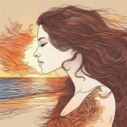 Draw a detailed image of a side-profile woman with brown hair, encapsulated by a beach sunset. Her hair is artistically represented as scintillating flames.