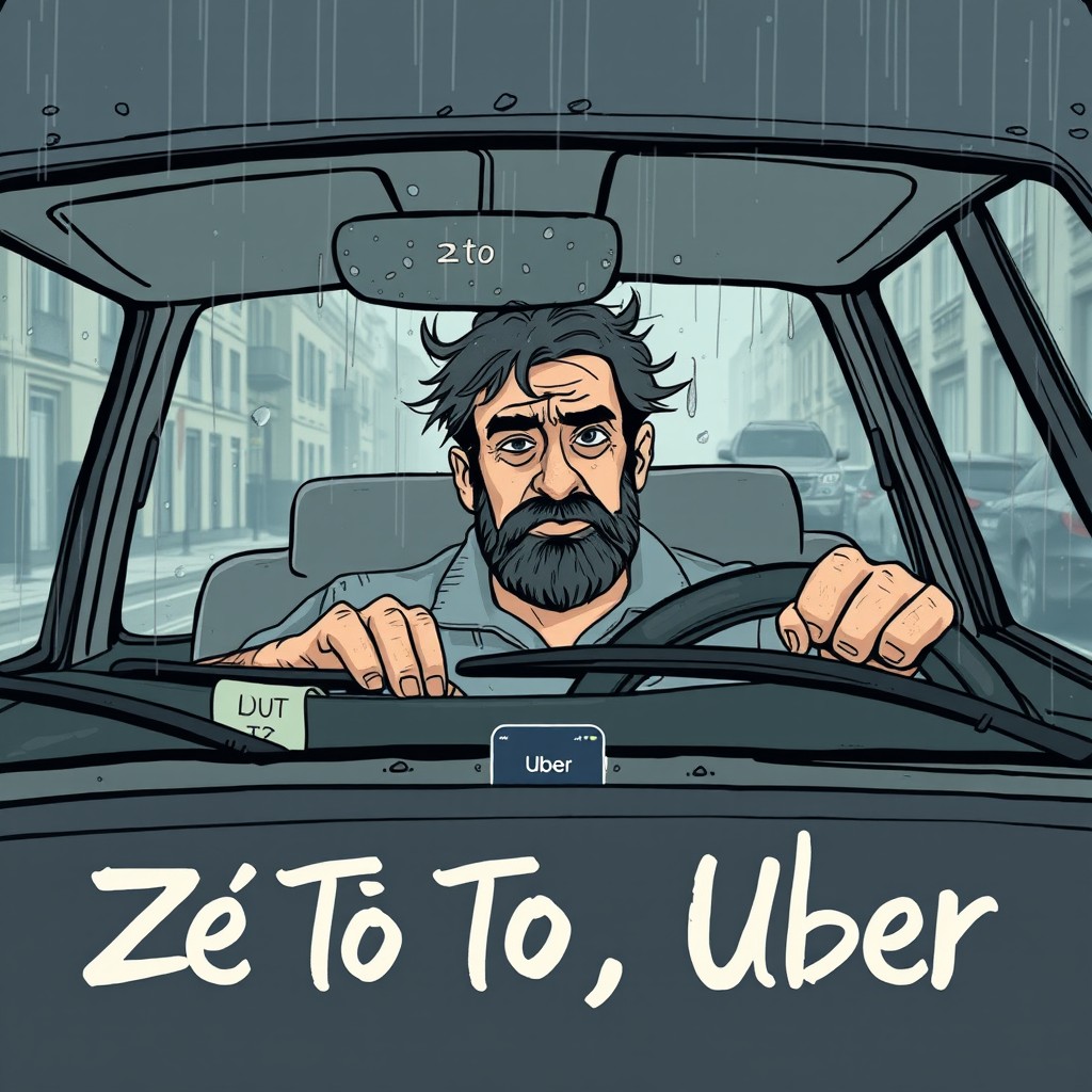 A modern realistic illustration for a Portuguese dark humor romance book cover titled 'Zé Tó, Uber'
