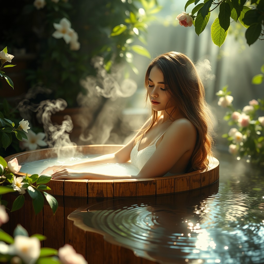 A serene and captivating scene depicting a beautiful woman bathing in a tranquil outdoor setting, surrounded by lush greenery and blooming flowers