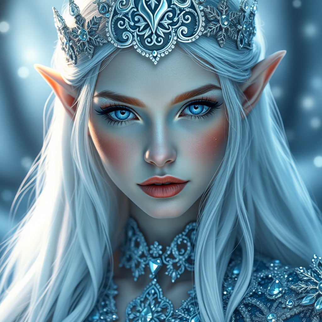 A stunning ethereal ice elf princess, captured in a close-up portrait