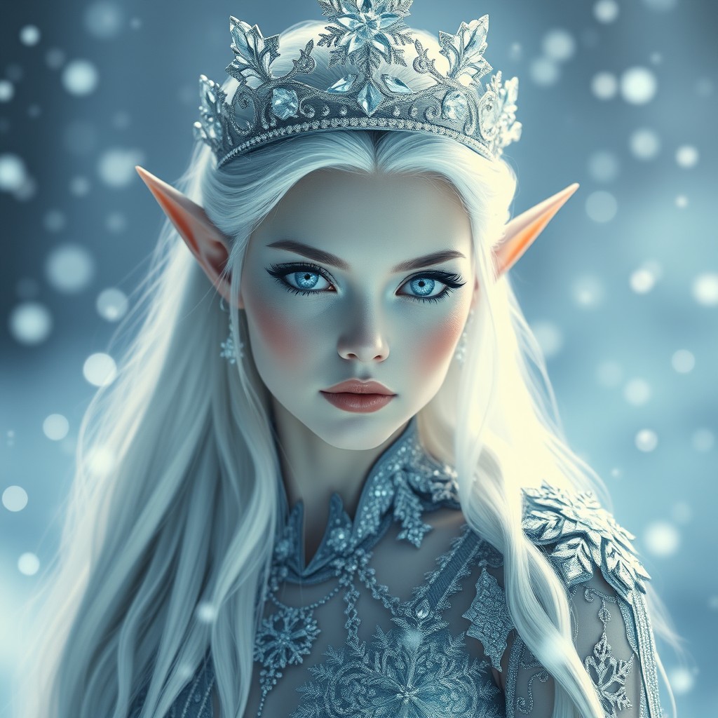 A stunning ethereal ice elf princess captured in a medium shot from the waist up
