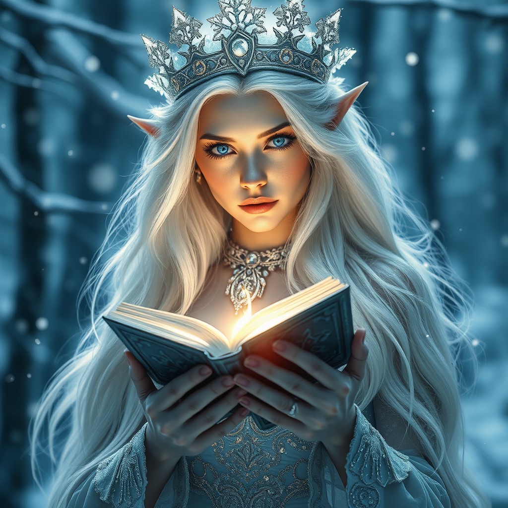 A magical ethereal ice elf princess, captured in a medium shot from the waist up