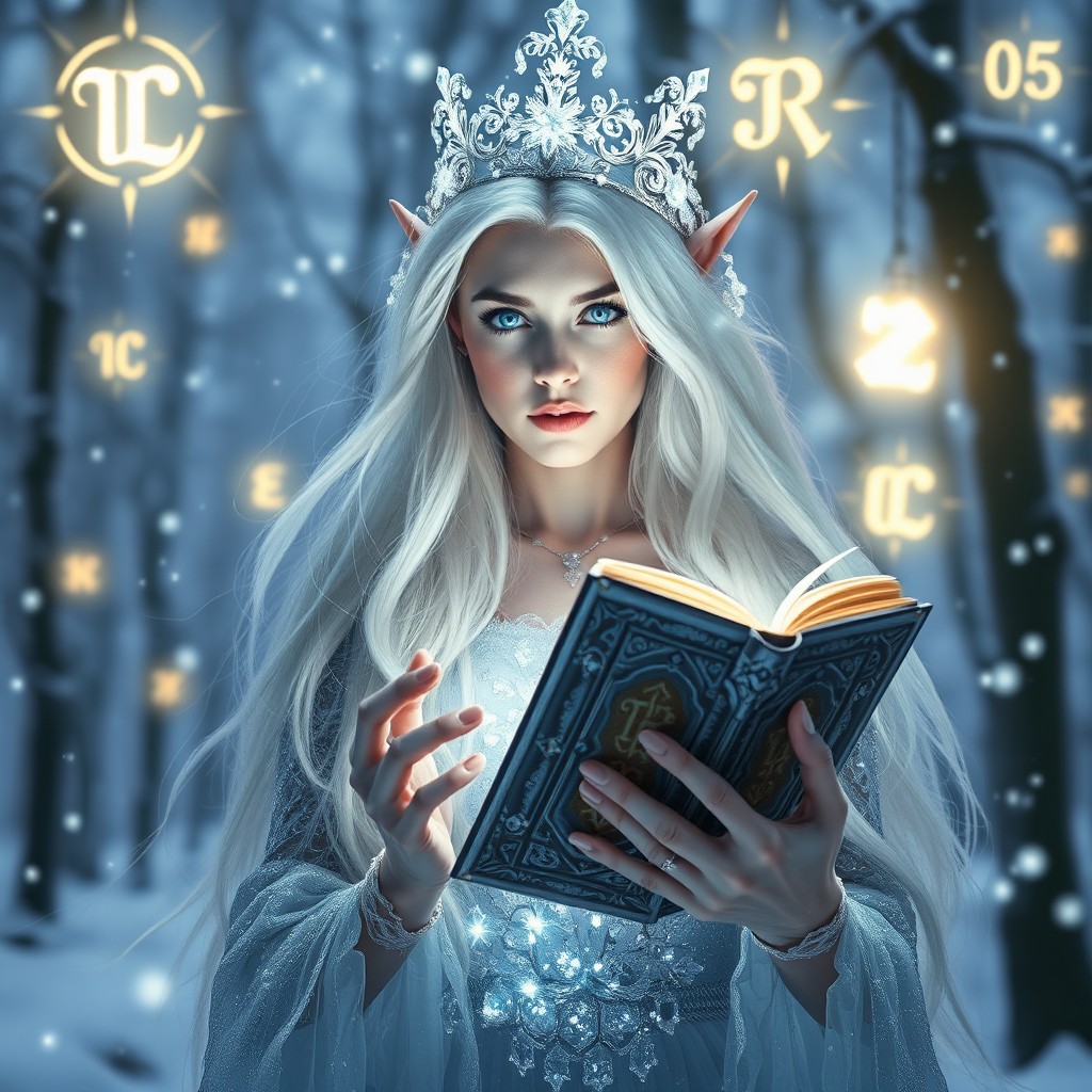 A magical ethereal ice elf princess, depicted in a medium shot from the waist up, gracefully holding a glowing ancient spellbook made of ice and silver