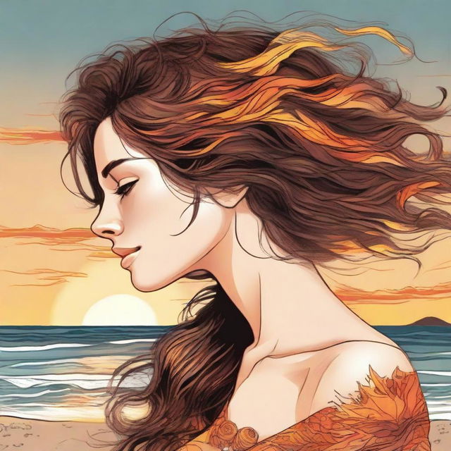 Draw a detailed image of a side-profile woman with brown hair, encapsulated by a beach sunset. Her hair is artistically represented as scintillating flames.