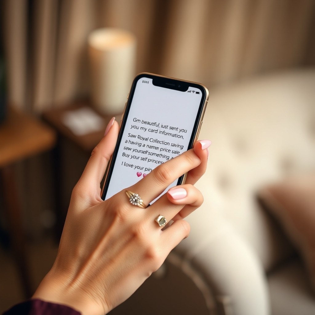 A close-up of an elegant woman's hand gracefully holding a smartphone, with the phone screen displaying a sweet message: "Gm beautiful, just sent you my card information