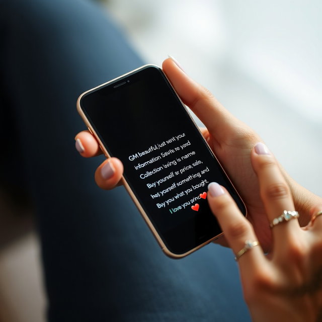 An extreme close-up shot of a woman's hand holding a smartphone, emphasizing details such as her perfectly manicured nails and delicate rings
