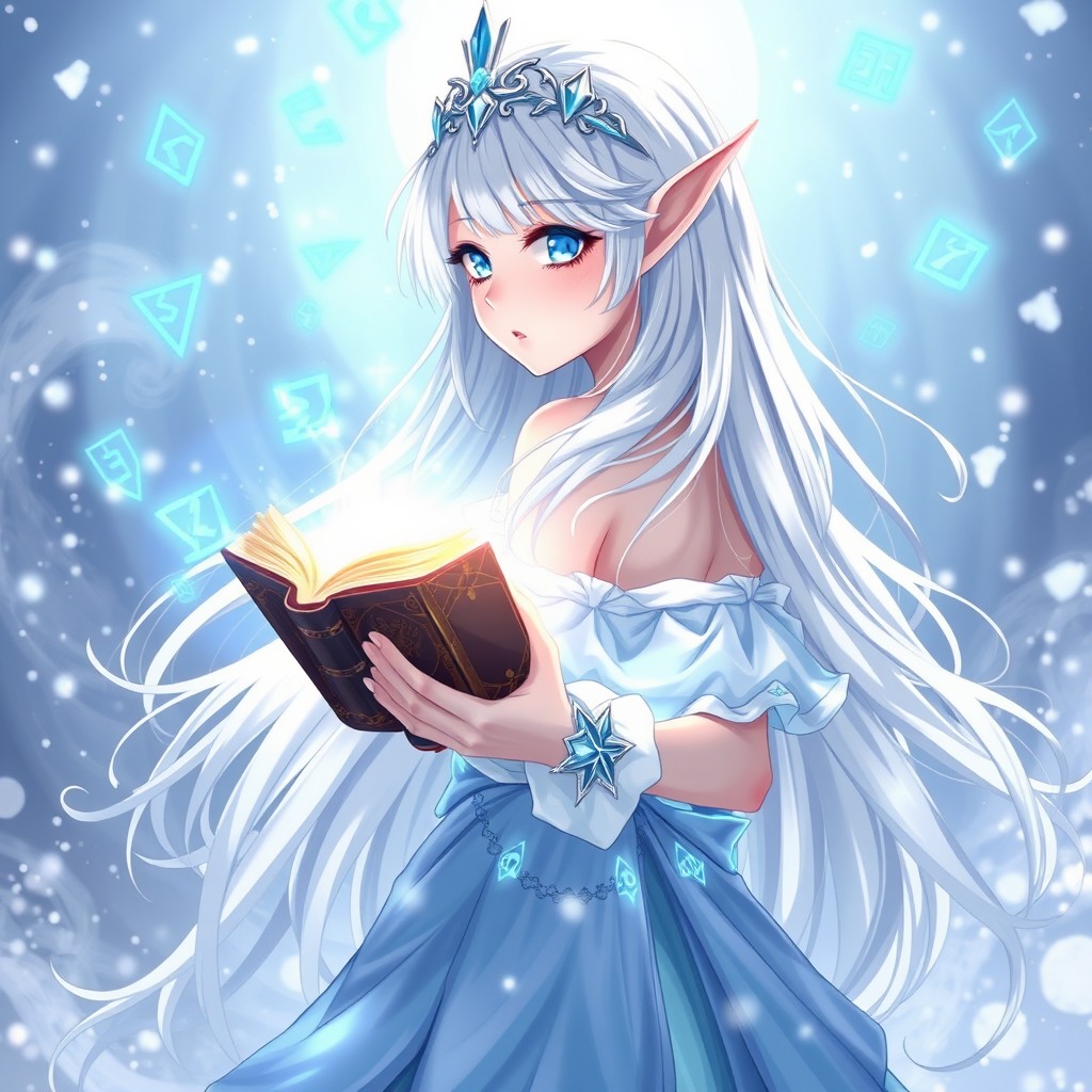 A magical anime ice elf princess depicted from the waist up, exhibiting a captivating pose as she holds or levitates an ancient glowing spellbook surrounded by floating blue magical runes
