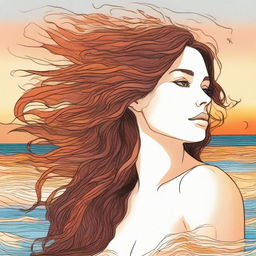 Draw a detailed image of a side-profile woman with brown hair, encapsulated by a beach sunset. Her hair is artistically represented as scintillating flames.