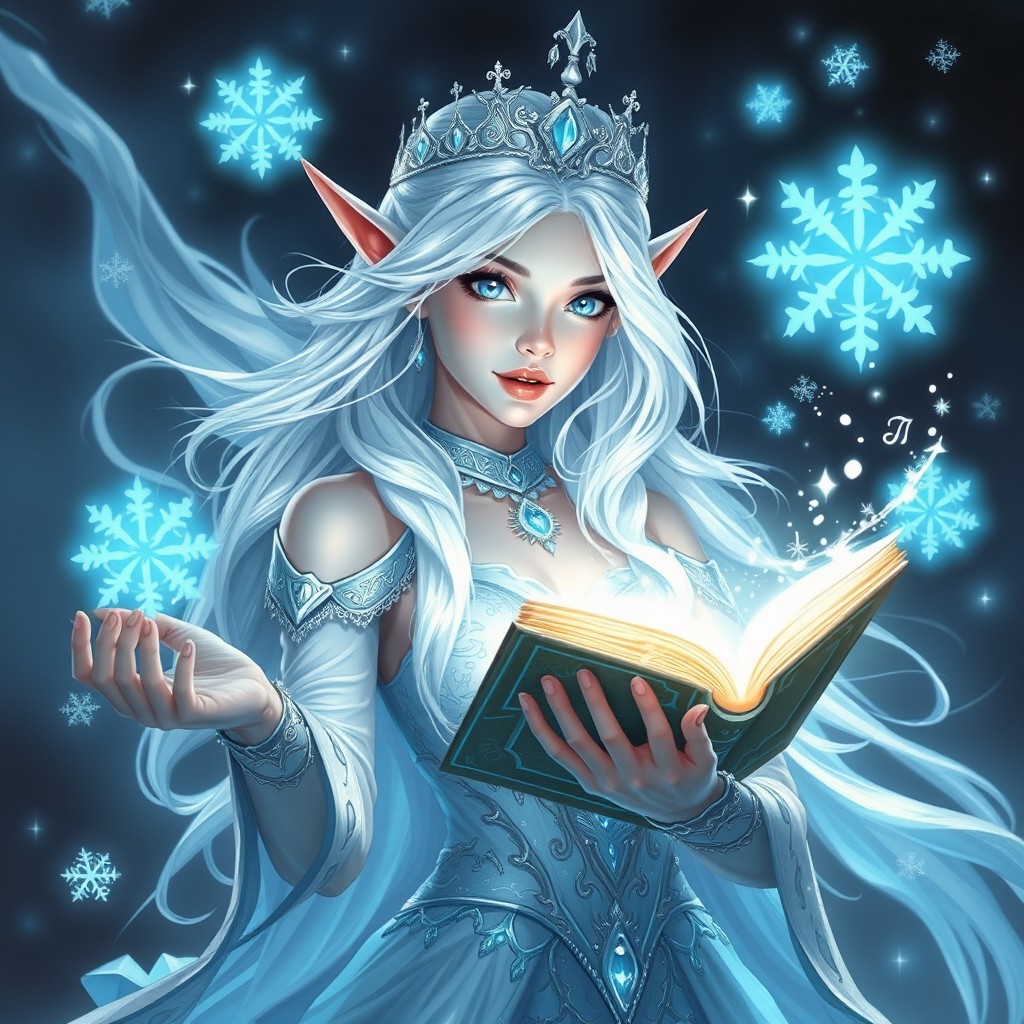An enchanting ice elf princess depicted in a waist-up portrait, casting frost spells from a levitating glowing spellbook that radiates magical energy