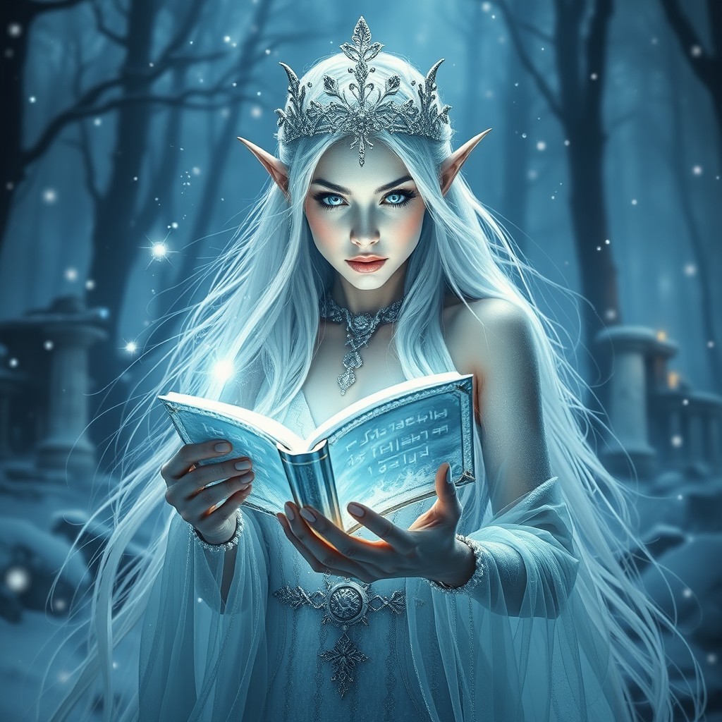 A breathtaking hyper-realistic portrait of a powerful ice elf princess sorceress, captured in a medium shot from the waist up as she summons ancient frost magic from a glowing levitating spellbook made of crystal and silver