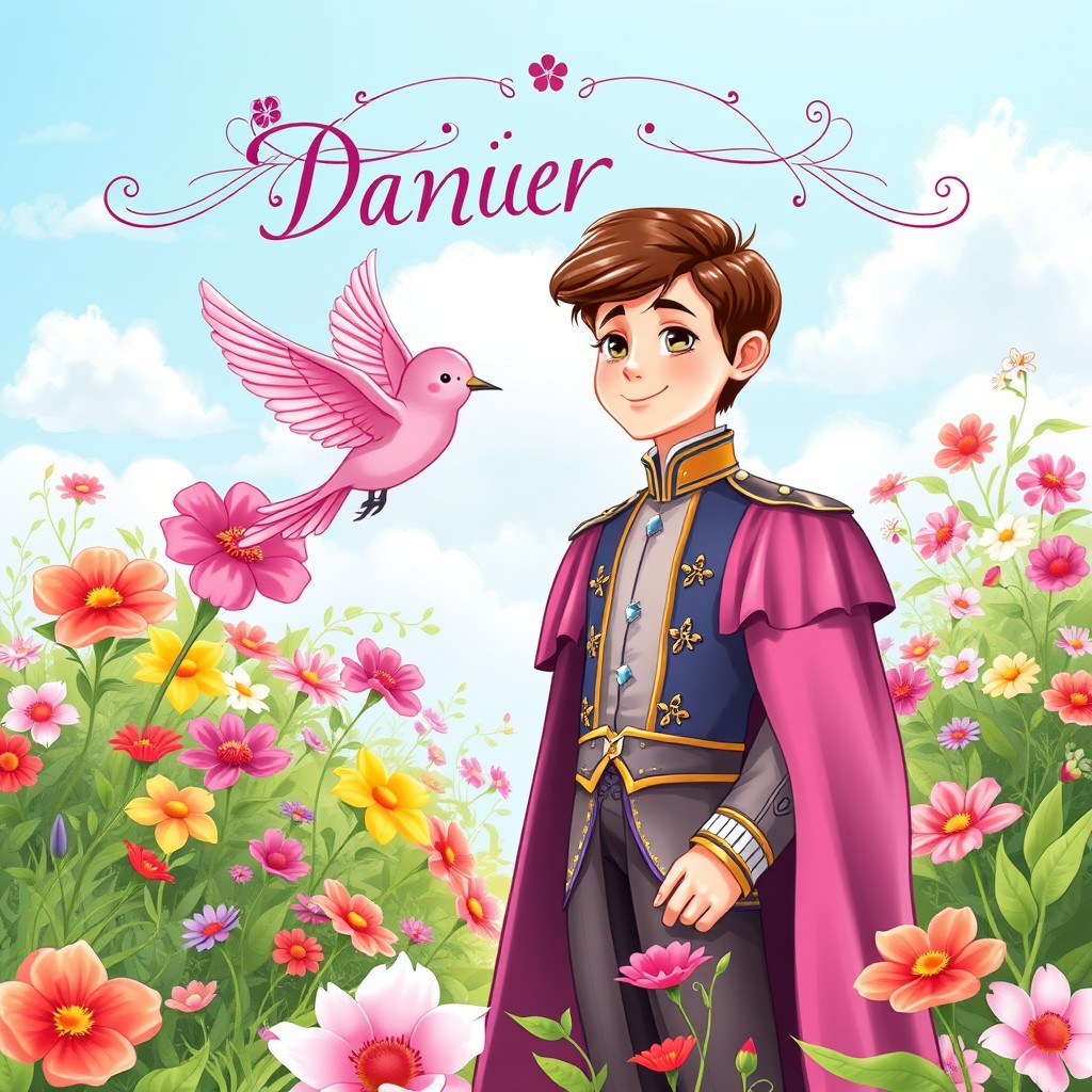 A whimsical book cover depicting a charming prince named Daniel who is deeply in love with a pink sparrow named Azura