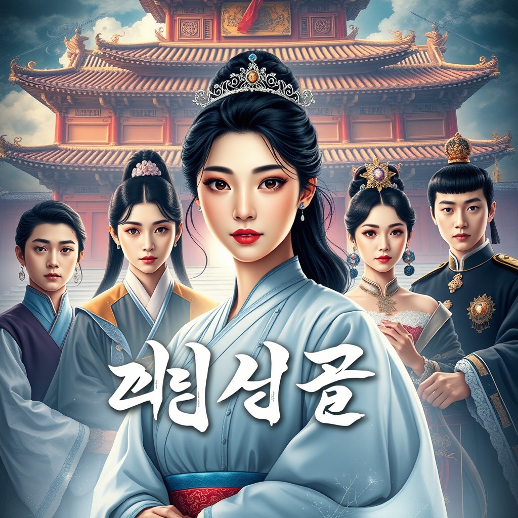 A captivating book cover that illustrates a dramatic scene set in a magnificent South Korean royal palace