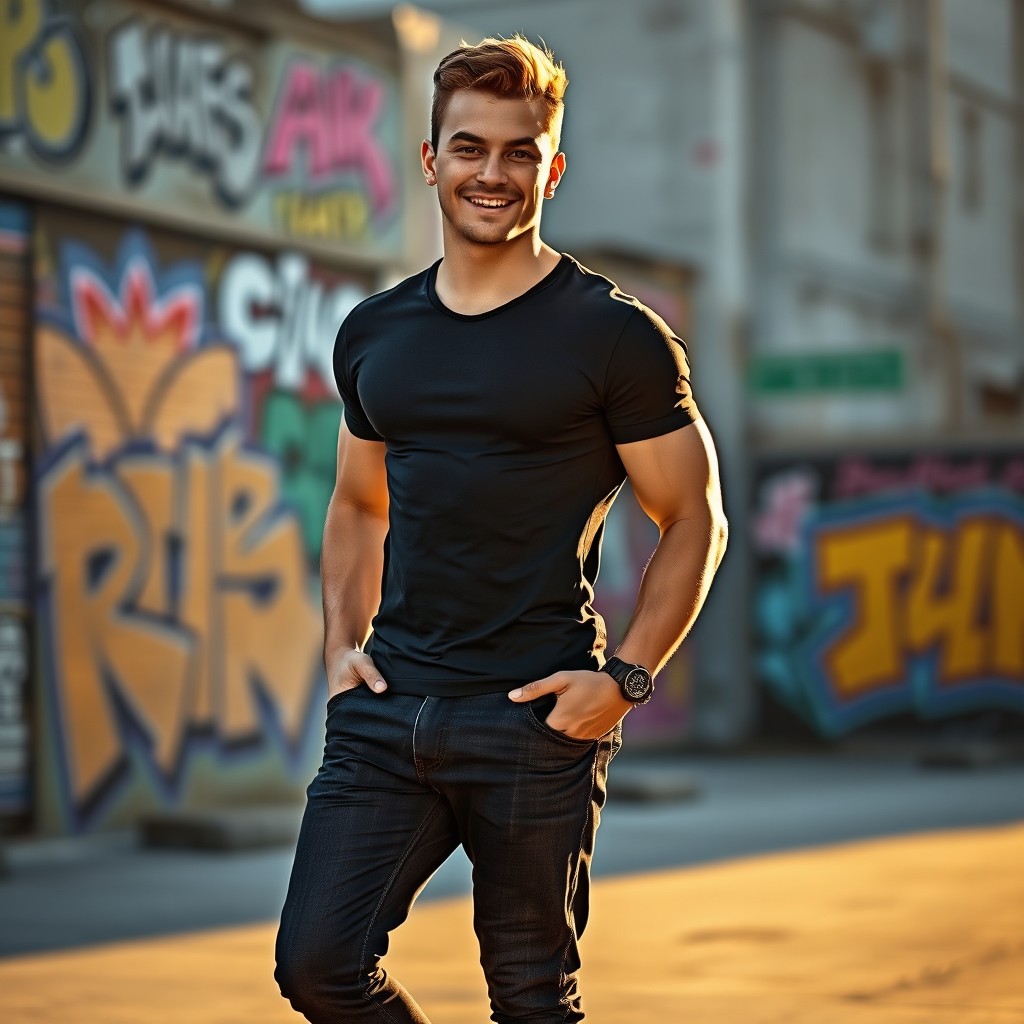 A dynamic standing pose featuring a confident young adult with a slight smile, showcasing a strong and athletic build