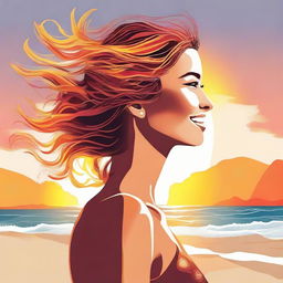 Craft a detailed image of a smiling woman in side profile, set against a beach sunset. Her hair is creatively composed of lustrous flames.