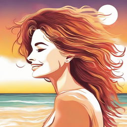 Craft a detailed image of a smiling woman in side profile, set against a beach sunset. Her hair is creatively composed of lustrous flames.