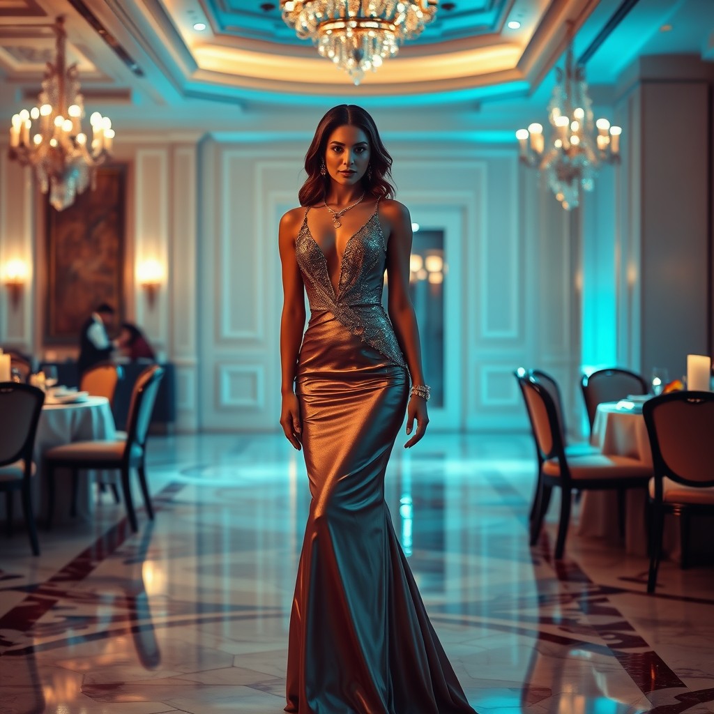 A glamorous scene featuring an elegant woman in a stunning evening gown, exuding confidence and allure