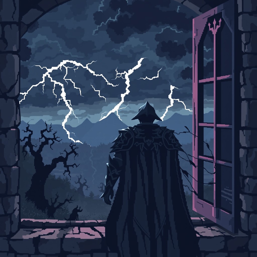 A dark fantasy pixel art scene featuring a brooding knight standing at a castle window, gazing out at a stormy night