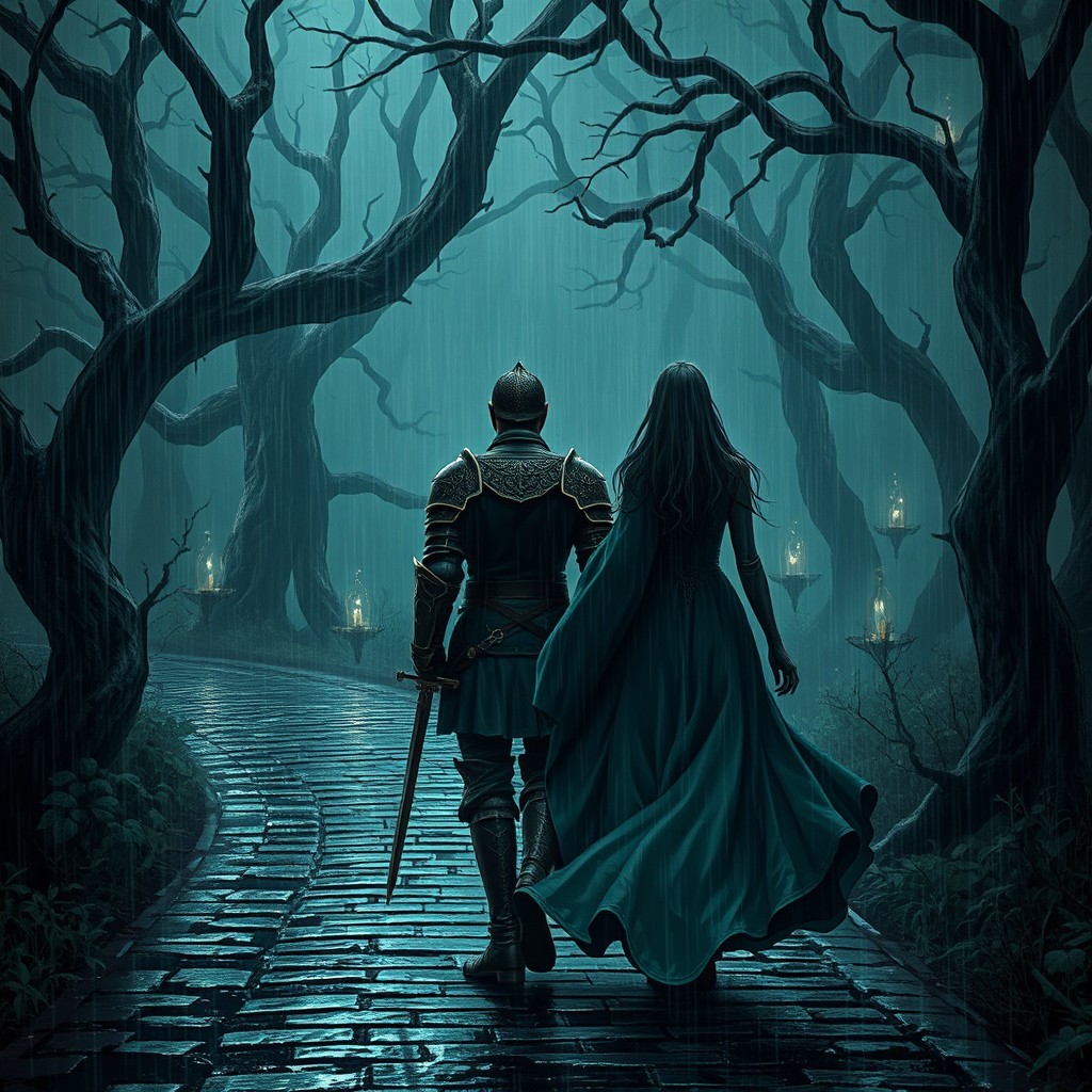 A dark fantasy scene depicting a lone knight walking alongside a shadowy, enchanting maiden under a heavy downpour of rain
