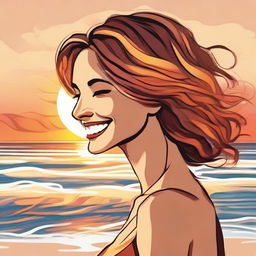 Craft a detailed image of a smiling woman in side profile, set against a beach sunset. Her hair is creatively composed of lustrous flames.