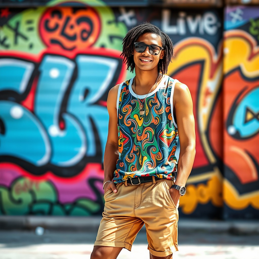 A stylish model wearing a colorful, patterned tank top (tangtop) standing against a vibrant urban mural