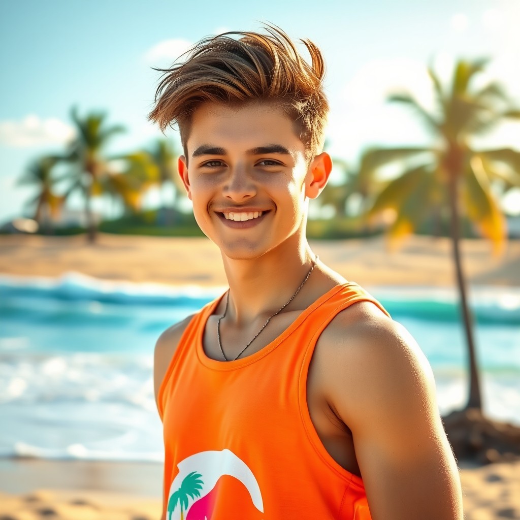 A stylish young adult wearing a fashionable tank top in a vibrant summer scene, with a lively beach background featuring golden sand and rolling waves