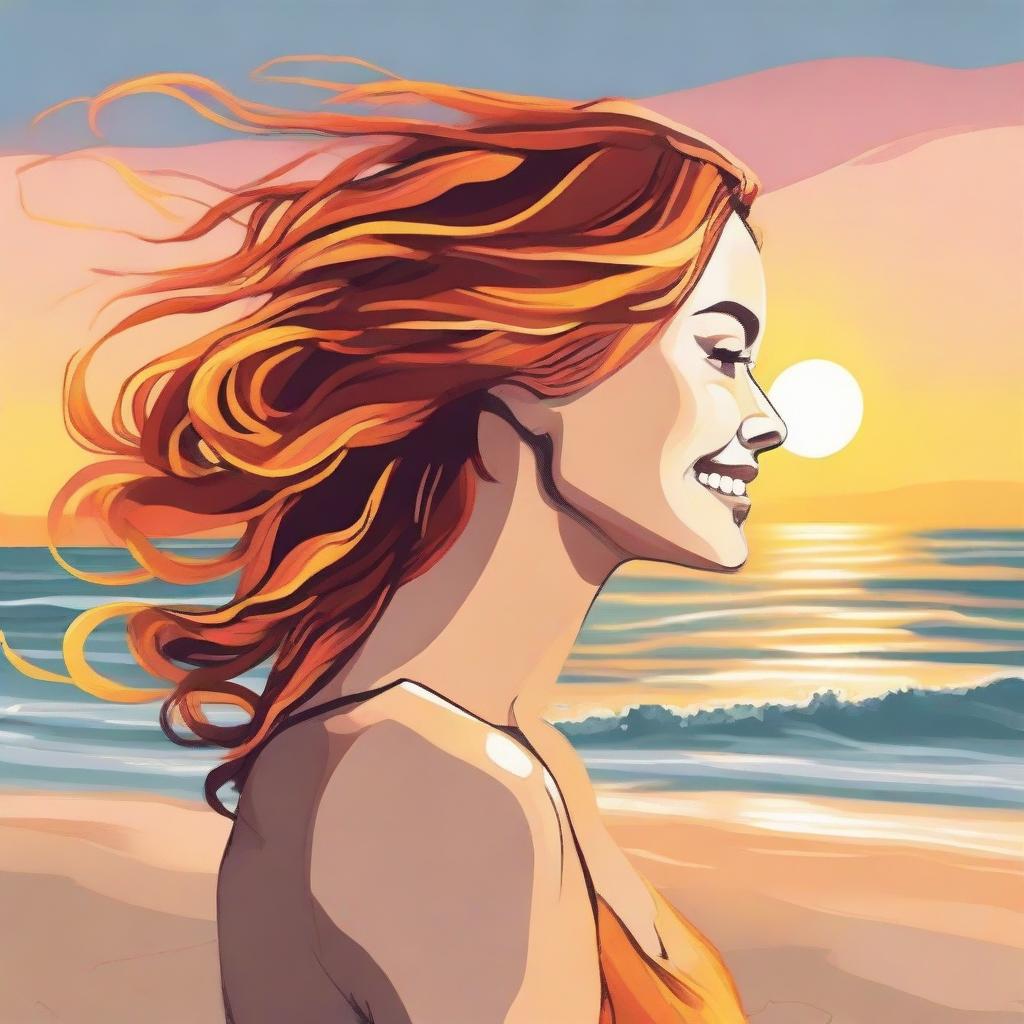 Craft a detailed image of a smiling woman in side profile, set against a beach sunset. Her hair is creatively composed of lustrous flames.