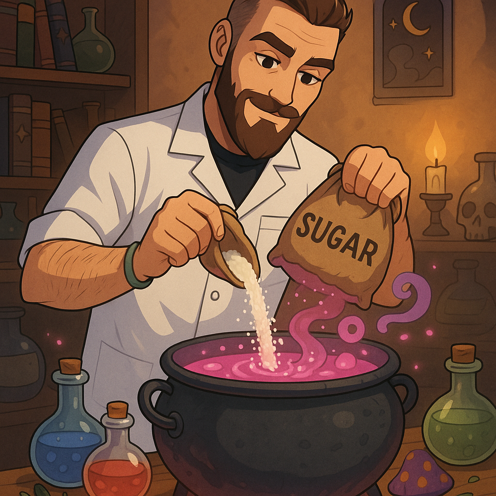 The Professor and His Magical Cauldron

#### Image 1
In the first picture, the professor in a white lab coat is pouring sugar from a burlap sack tucked under his arm into a cauldron filled with a pink liquid in front of him.