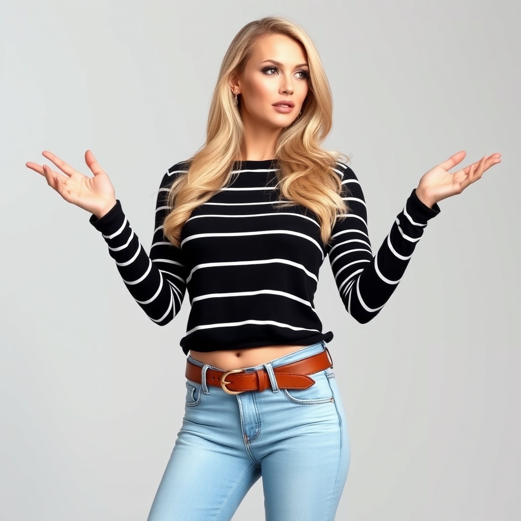 A beautiful blonde woman standing confidently in a striking pose, wearing light blue jeans and a leather belt