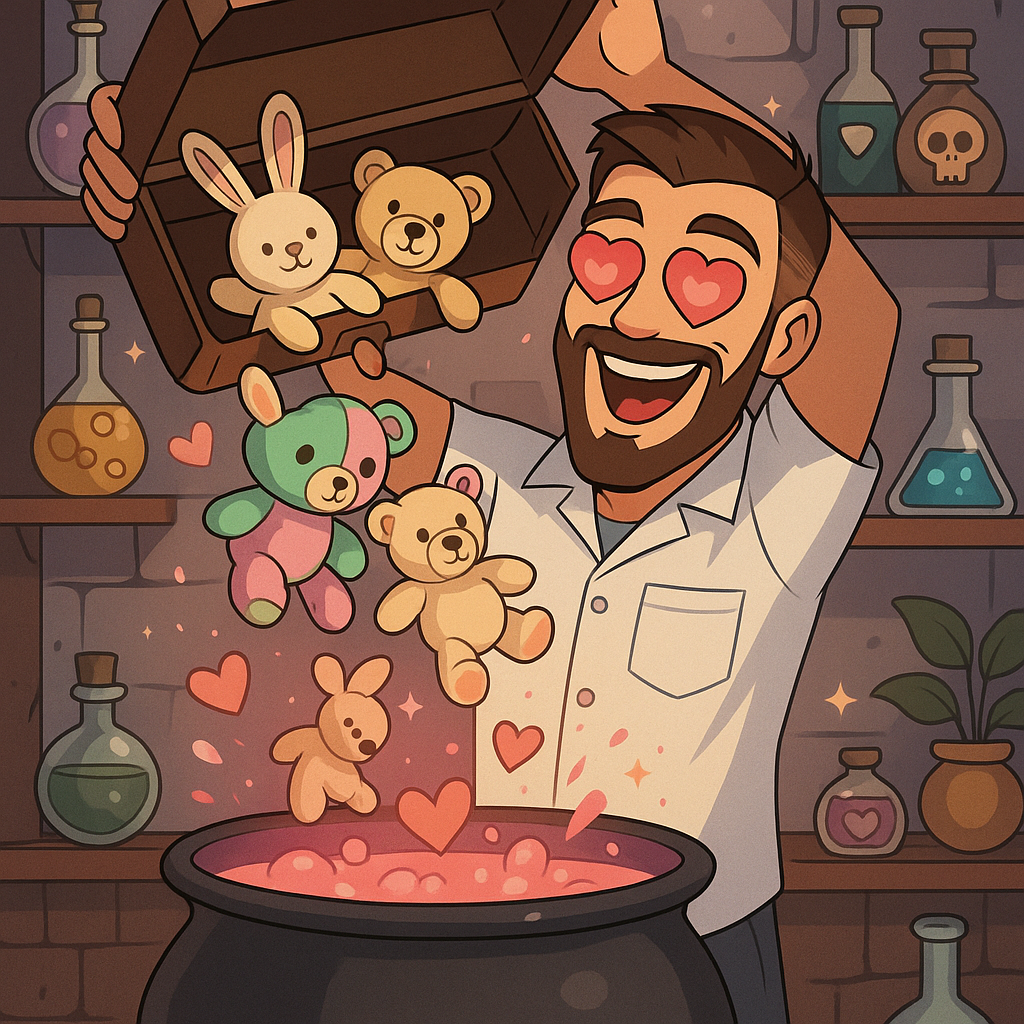 The next image shows the same professor with hearts in his eyes, pouring plush toys from a suitcase held above his head into the same cauldron. Tiny hearts float out of the mixture.
