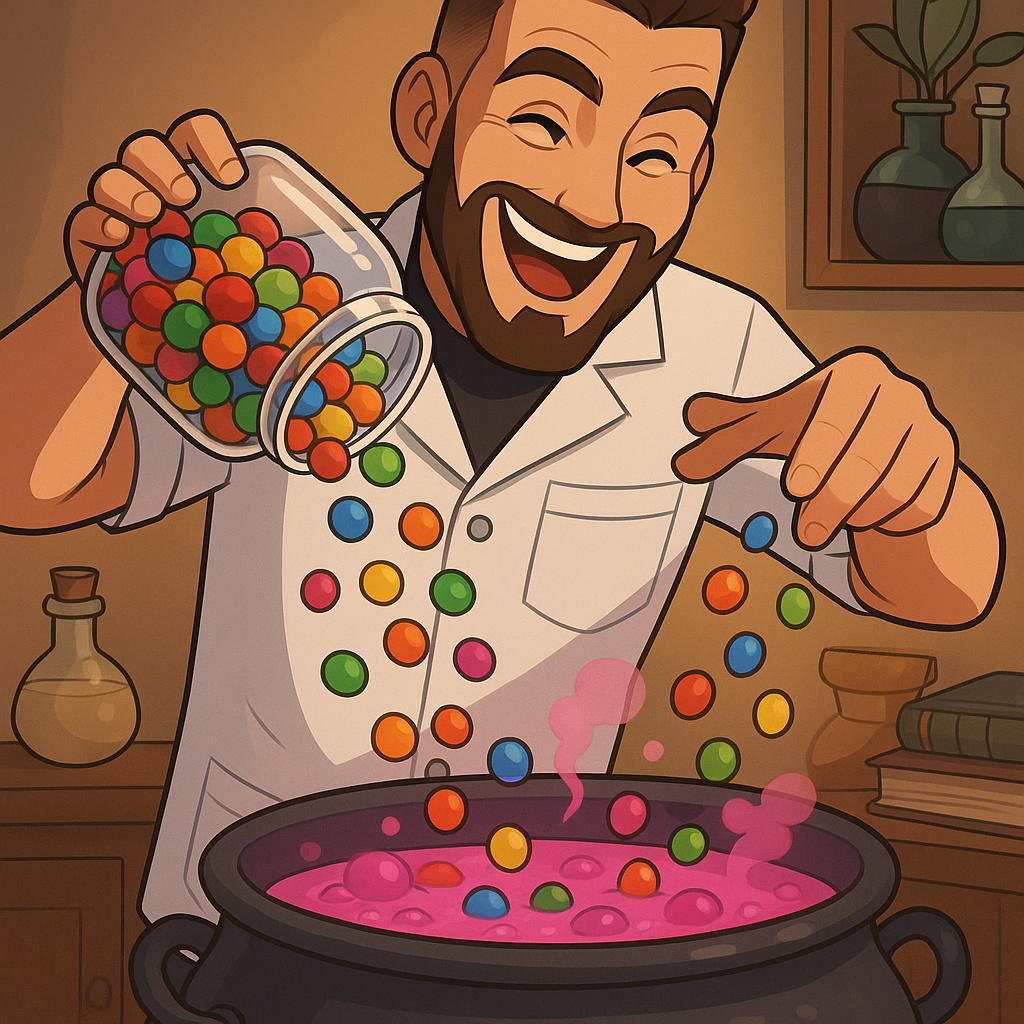 In this third photo, our professor excitedly adds colorful candies from a large jar into the cauldron, showing off a big smile on his face. Make this same background as previev photo.