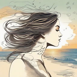 Compose a detailed drawing of a side-profile woman during a beach sunset, her hair intriguingly illustrated as a mix of swirling music notes.