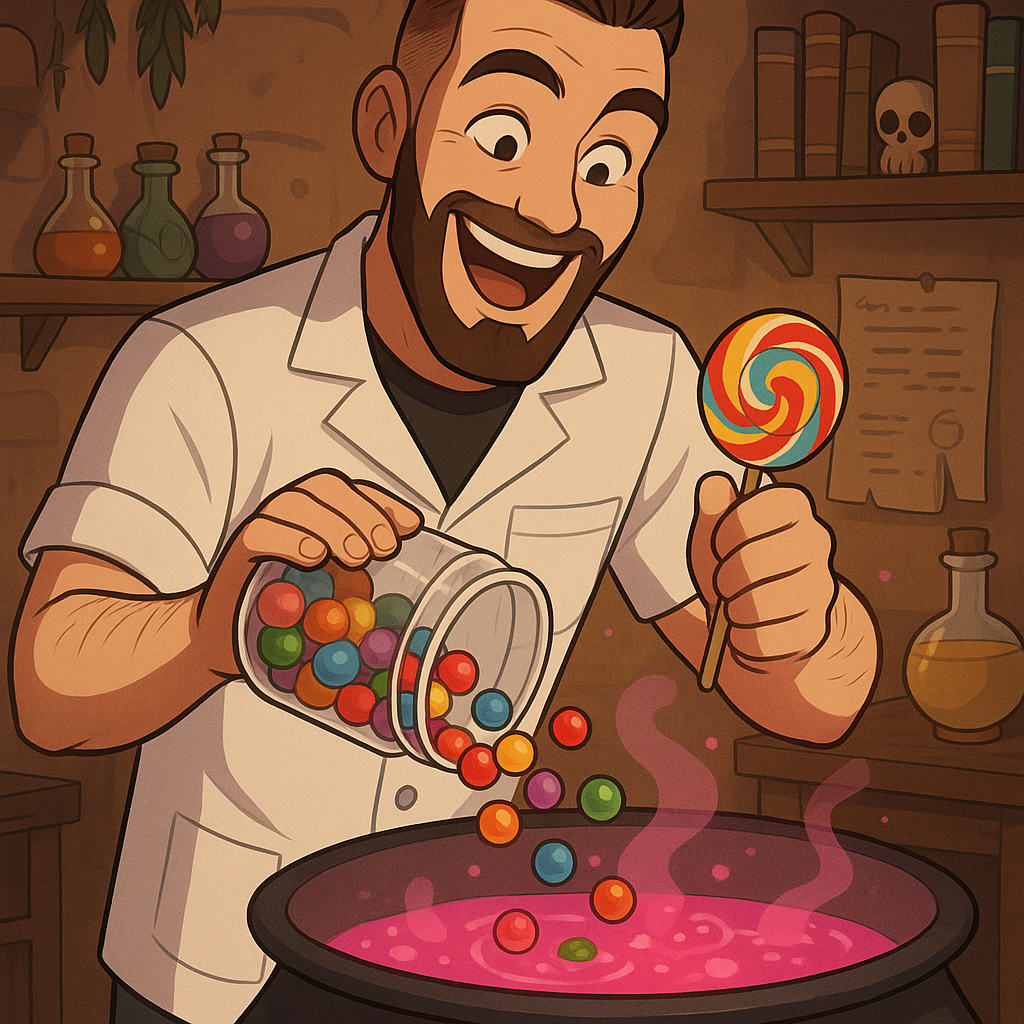 In this third photo, our professor excitedly adds colorful candies and lollipop from a large jar into the cauldron, showing off a big smile on his face. Make this same background as previev photo.