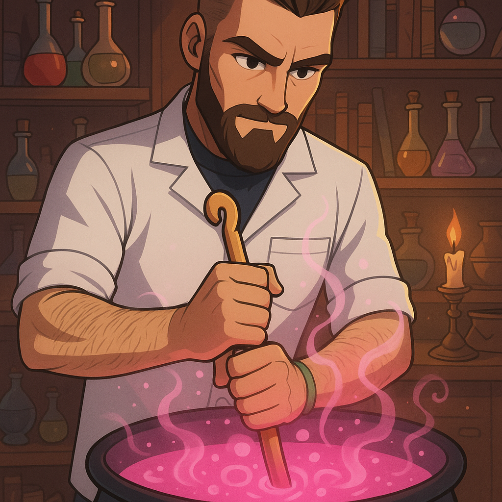 Now, we see the professor mixing everything together with a giant crochet hook. His determined expression reflects his dedication to creating something special.