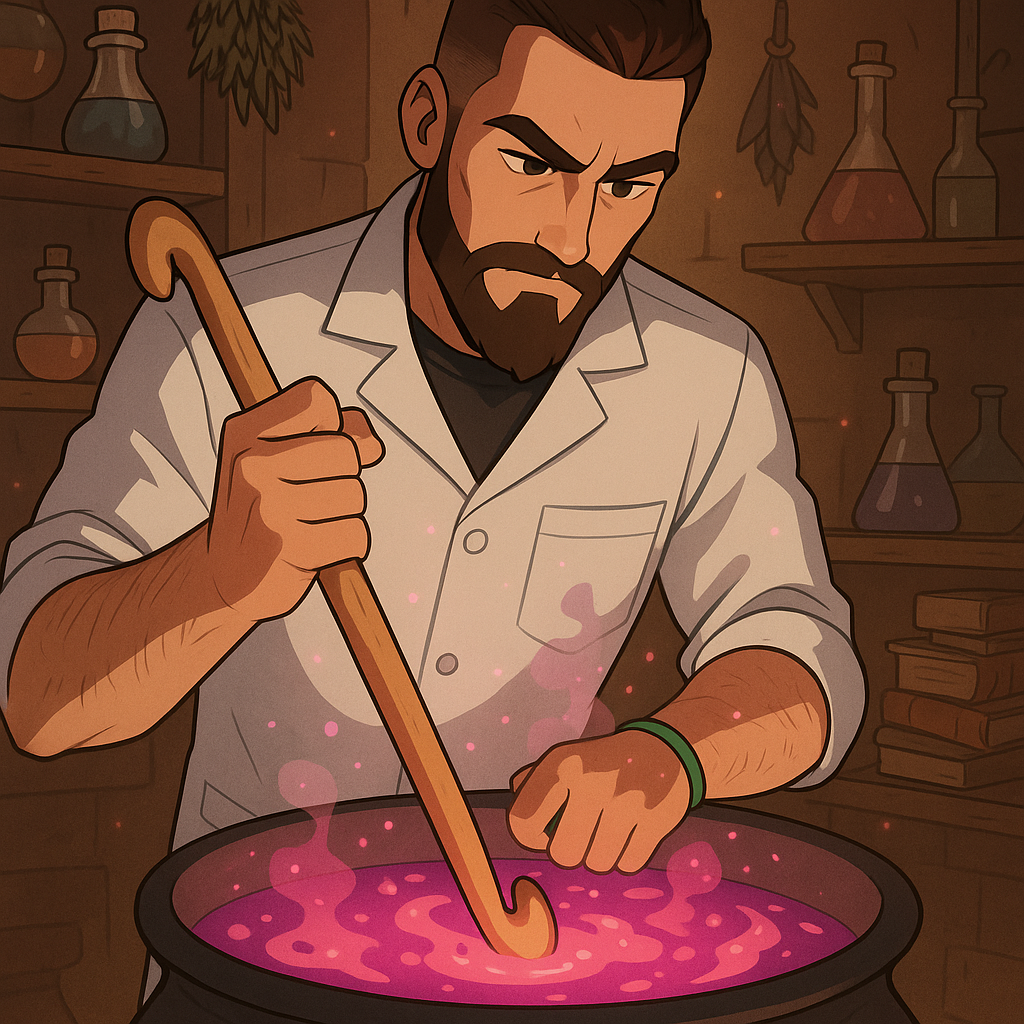 Now, we see the professor mixing everything together with a  very giant crochet hook. His determined expression reflects his dedication to creating something special and beautifull.