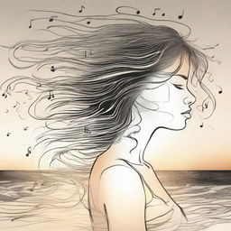 Compose a detailed drawing of a side-profile woman during a beach sunset, her hair intriguingly illustrated as a mix of swirling music notes.