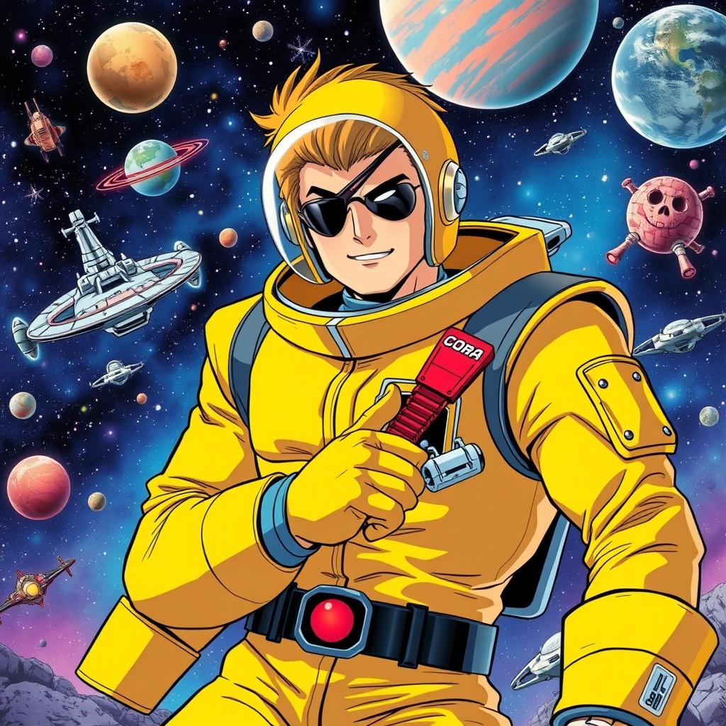 A highly detailed and faithful depiction of Cobra, the iconic space pirate from the 1980s anime, in an action-packed scene