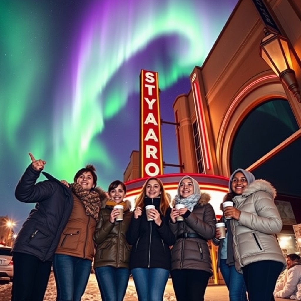 A captivating scene of five friends standing together, mesmerized by the stunning aurora borealis lighting up the night sky