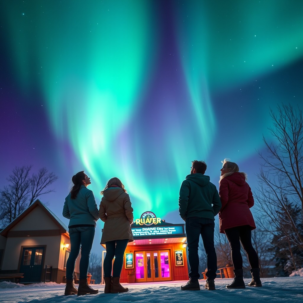 A beautiful scene depicting five friends standing together, gazing up at the stunning aurora borealis illuminating the night sky