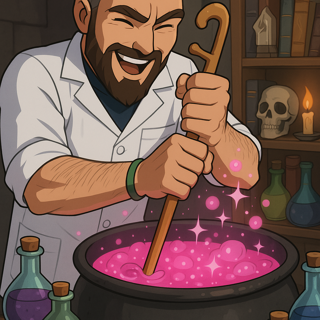 Now, we see the professor mixing everything together with a  very giant two handed crochet hook. His determined expression and happy im eyes reflects his dedication to creating something special and beautifull.
