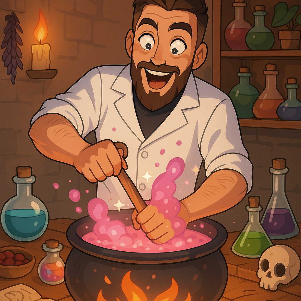 Now, we see the professor mixing everything together with a giant two handed crochet hook. His suprise expression and happy im eyes reflects his dedication to creating something special and beautifull.
