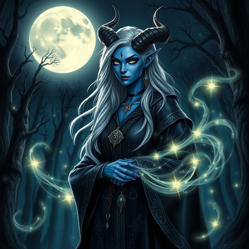 A dark blue tiefling sorceress standing confidently under a full moon, her vibrant blue skin glowing softly in the moonlight