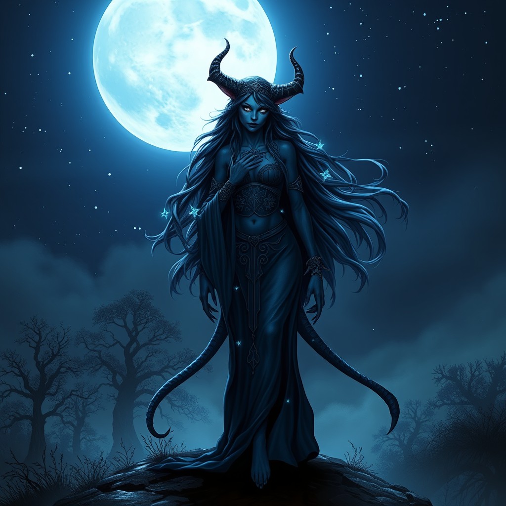 A dark blue tiefling sorceress standing gracefully under a full moon, her skin shimmering with a celestial glow